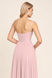 Mousseline de soie rose bonbon Une ligne spaghetti bretelles Robe longue de demoiselle d’honneur