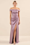 Robe de demoiselle d’honneur longue en satin vintage à épaules dénudées fourreau