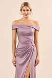 Robe de demoiselle d’honneur longue en satin vintage à épaules dénudées fourreau