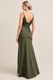 Olive gaine spaghetti bretelles satin froncé col col long robe de demoiselle d’honneur avec fente