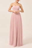Robe de demoiselle d’honneur longue en tulle trapèze rose poudré