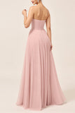 Robe de demoiselle d’honneur longue en tulle trapèze rose poudré