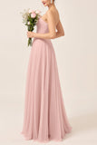 Robe de demoiselle d’honneur longue en tulle trapèze rose poudré