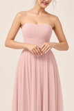Robe de demoiselle d’honneur longue en tulle trapèze rose poudré