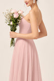 Robe de demoiselle d’honneur longue en tulle trapèze rose poudré