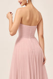 Robe de demoiselle d’honneur longue en tulle trapèze rose poudré