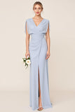 Bleu clair gaine wrap col V mousseline de soie longue robe de demoiselle d’honneur