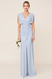 Bleu clair gaine wrap col V mousseline de soie longue robe de demoiselle d’honneur