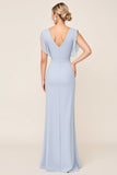 Bleu clair gaine wrap col V mousseline de soie longue robe de demoiselle d’honneur