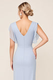 Bleu clair gaine wrap col V mousseline de soie longue robe de demoiselle d’honneur