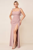 Dusty Rose Spaghetti Bretelles Froncé Longue Robe de demoiselle d’honneur avec fente