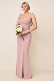 Dusty Rose Spaghetti Bretelles Froncé Longue Robe de demoiselle d’honneur avec fente