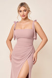 Dusty Rose Spaghetti Bretelles Froncé Longue Robe de demoiselle d’honneur avec fente