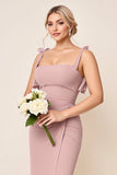 Dusty Rose Spaghetti Bretelles Froncé Longue Robe de demoiselle d’honneur avec fente