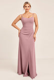 Vintage Mauve fourreau spaghetti bretelles froncé longue robe de demoiselle d’honneur avec fente