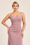 Vintage Mauve fourreau spaghetti bretelles froncé longue robe de demoiselle d’honneur avec fente