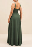 Olive gaine carrée col froncé satin longue robe de demoiselle d’honneur avec fente