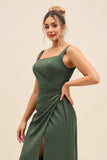 Olive gaine carrée col froncé satin longue robe de demoiselle d’honneur avec fente