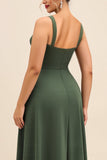 Olive gaine carrée col froncé satin longue robe de demoiselle d’honneur avec fente