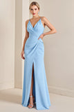 Bleu ciel gaine wrap spaghetti bretelles froncé longue robe de demoiselle d’honneur avec fente