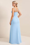 Bleu ciel fourreau spaghetti bretelles satin longue robe de demoiselle d’honneur