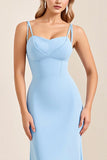 Bleu ciel fourreau spaghetti bretelles satin longue robe de demoiselle d’honneur