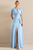 Bleu ciel fourreau Wrap V col à volants Manches longues robe de demoiselle d’honneur avec fente