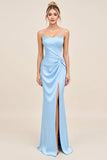 Bleu ciel Sirène Spaghetti Bretelles Ruché Satin Longue Robe de demoiselle d’honneur avec Fente