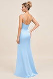 Bleu ciel Sirène Spaghetti Bretelles Ruché Satin Longue Robe de demoiselle d’honneur avec Fente