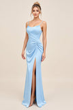 Bleu ciel Sirène Spaghetti Bretelles Ruché Satin Longue Robe de demoiselle d’honneur avec Fente