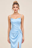 Bleu ciel Sirène Spaghetti Bretelles Ruché Satin Longue Robe de demoiselle d’honneur avec Fente