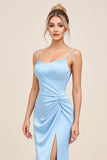 Bleu ciel Sirène Spaghetti Bretelles Ruché Satin Longue Robe de demoiselle d’honneur avec Fente