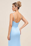 Bleu ciel Sirène Spaghetti Bretelles Ruché Satin Longue Robe de demoiselle d’honneur avec Fente