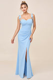 Bleu Ciel Spaghetti Bretelles Ruched Moulante Longue Robe de demoiselle d’honneur avec Fente