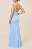 Bleu Ciel Spaghetti Bretelles Ruched Moulante Longue Robe de demoiselle d’honneur avec Fente