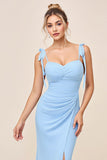 Bleu Ciel Spaghetti Bretelles Ruched Moulante Longue Robe de demoiselle d’honneur avec Fente