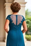 Bleu encre gaine à volants Cap manches longue mère de la mariée robe avec dentelle