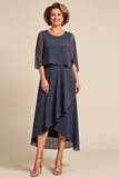 Gris acier fourreau Scoop Ruffle Mousseline de soie Longueur thé Mère de la mariée Robe