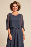 Gris acier fourreau Scoop Ruffle Mousseline de soie Longueur thé Mère de la mariée Robe