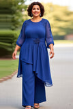 Bleu royal 2 pièces en mousseline de soie grande taille Mère de la mariée Pantalons à manches 3/4