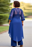 Bleu royal 2 pièces en mousseline de soie grande taille Mère de la mariée Pantalons à manches 3/4