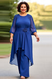 Bleu royal 2 pièces en mousseline de soie grande taille Mère de la mariée Pantalons à manches 3/4