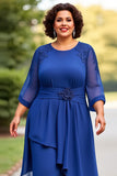 Bleu royal 2 pièces en mousseline de soie grande taille Mère de la mariée Pantalons à manches 3/4