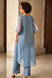 Mousseline de soie bleu poussiéreux grande taille mère de la mariée tailleurs-pantalons