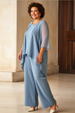 Mousseline de soie bleu poussiéreux grande taille mère de la mariée tailleurs-pantalons