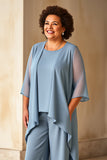 Mousseline de soie bleu poussiéreux grande taille mère de la mariée tailleurs-pantalons