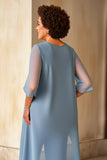 Mousseline de soie bleu poussiéreux grande taille mère de la mariée tailleurs-pantalons