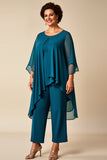 Mousseline de soie paon col rond grande taille mère de la mariée tailleurs-pantalon