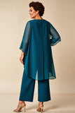 Mousseline de soie paon col rond grande taille mère de la mariée tailleurs-pantalon