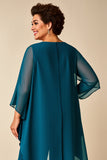Mousseline de soie paon col rond grande taille mère de la mariée tailleurs-pantalon